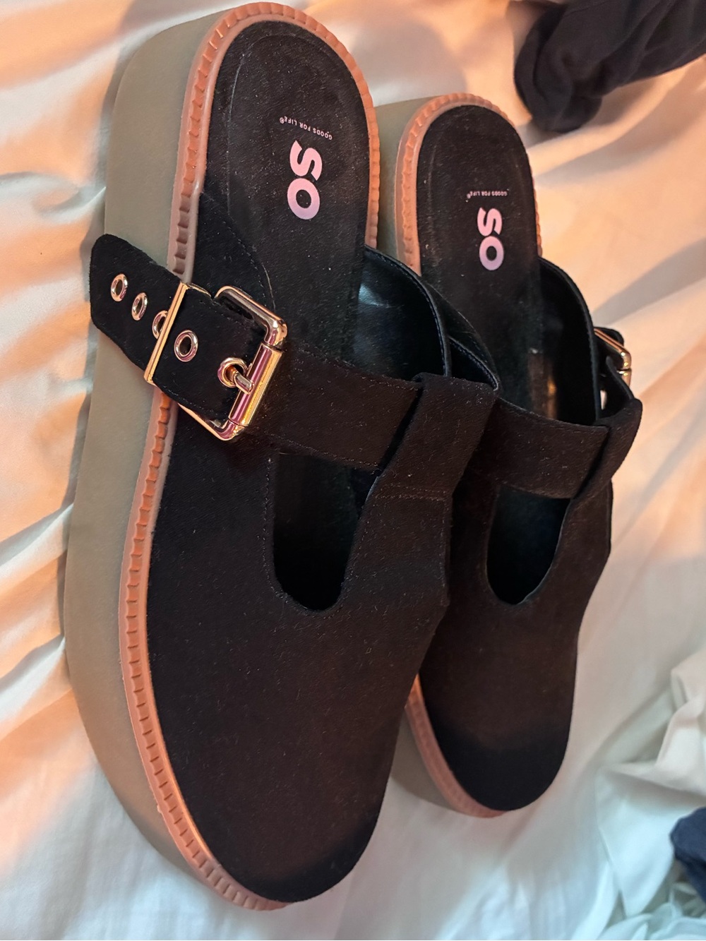SO Black Platform Suede Buckle Mules